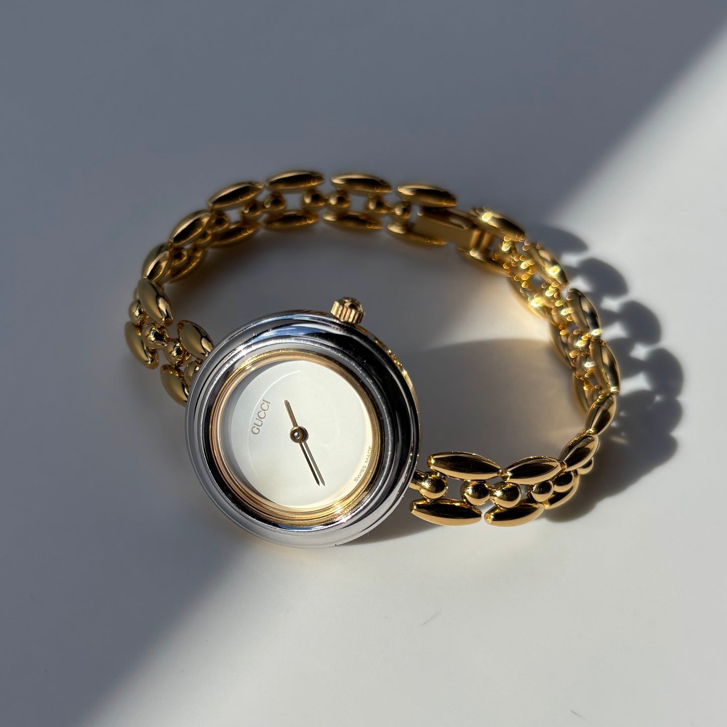 Gucci 1990s Interchangeable Bezel Gold Plated Rice Chain Watch with 6 bezels, case (160mm)