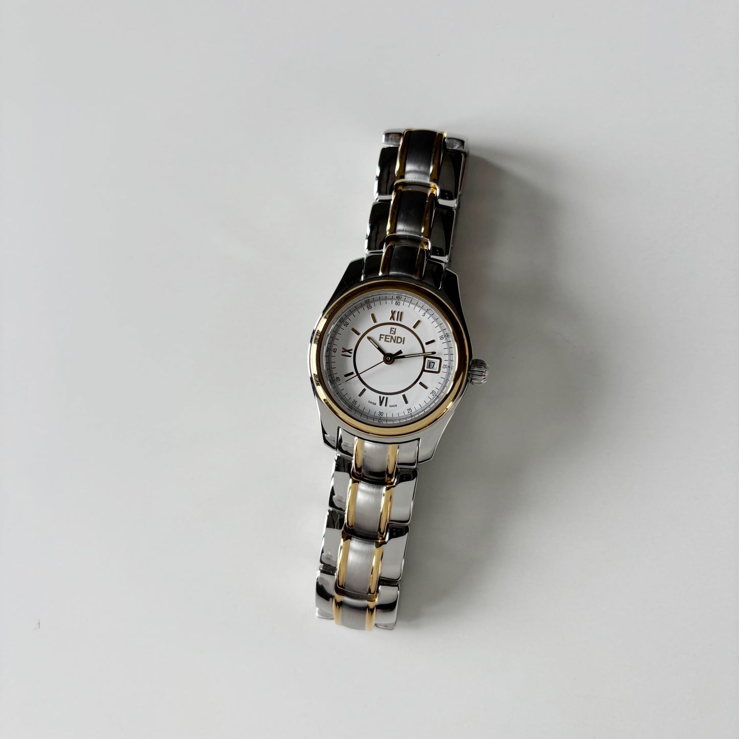 Fendi 1990s Round Dial Date Two Tone Gold Plated Watch