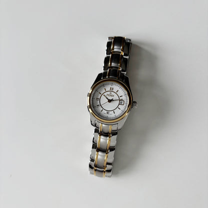 Fendi 1990s Round Dial Date Two Tone Gold Plated Watch