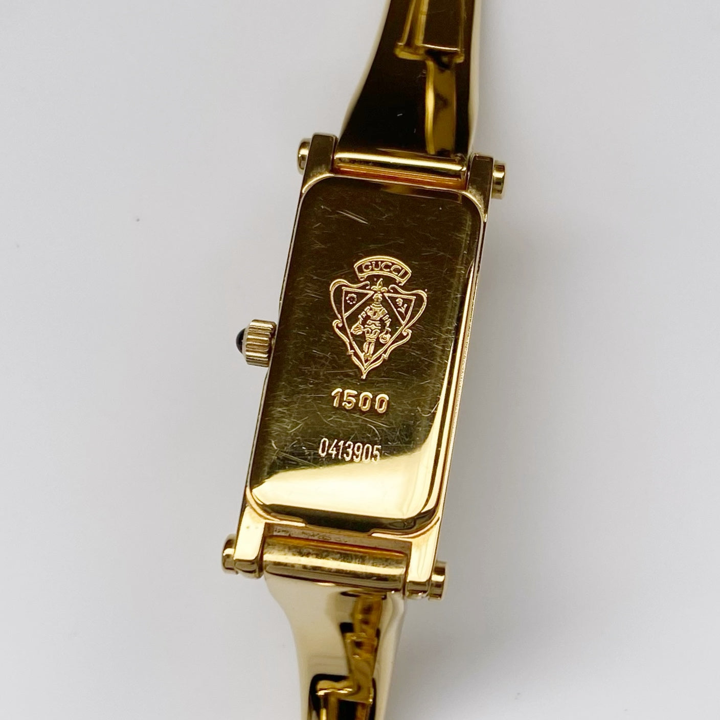 Gucci 1990s Gold Dial Gold Plated Rectangular Bangle Watch