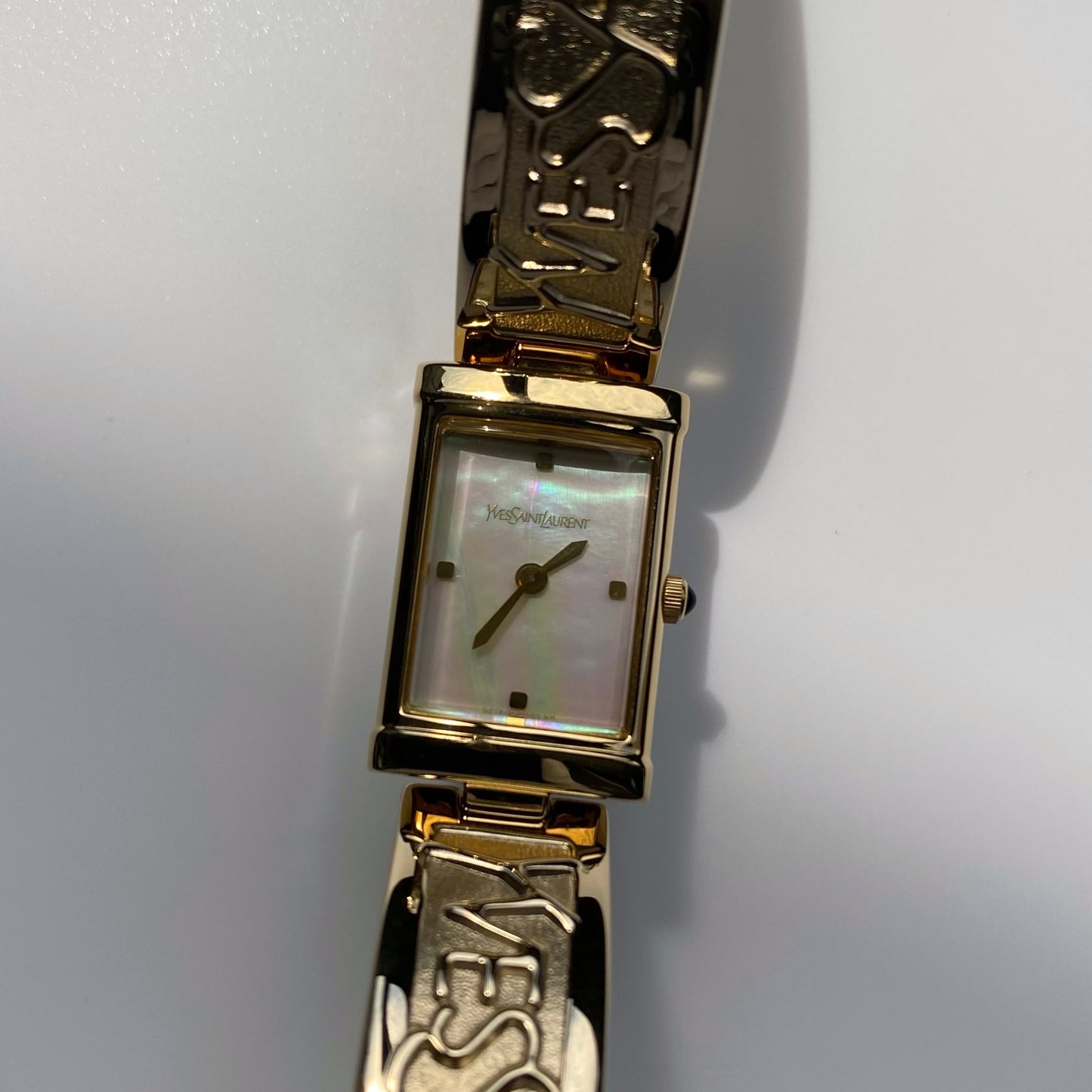 Yves Saint Laurent 1990s Seashell Dial Gold Plated Bangle Watch