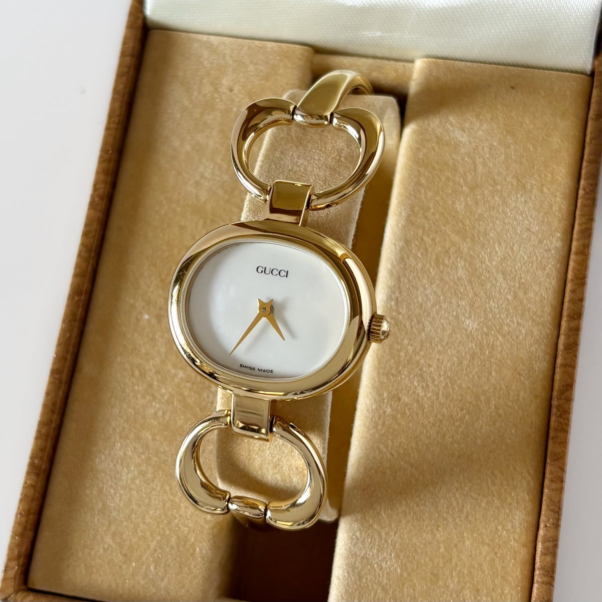 Gucci 1990s Seashell Dial Gold Plated Bangle Watch