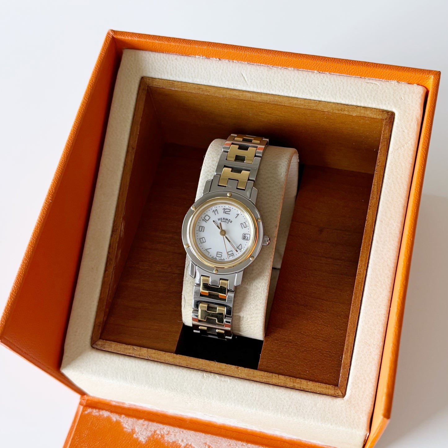 Hermes 1990s Clipper Seashell Dial Two Tone Watch