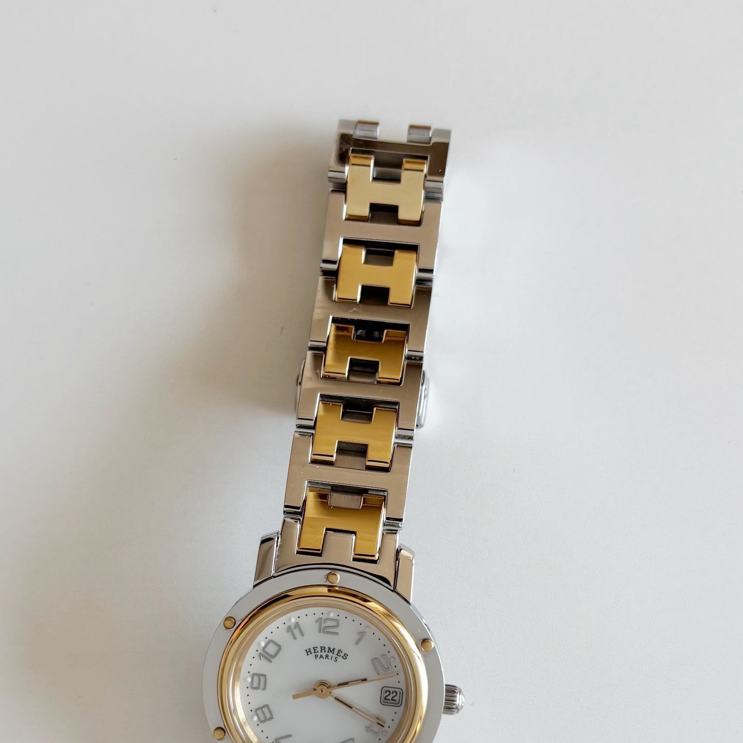 Hermes Early 2000s Clipper Seashell Dial Gold Plated Two Tone Watch