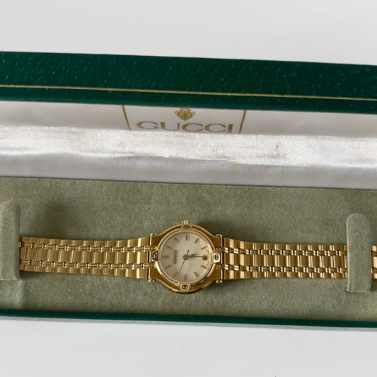 Gucci 1990s Cream Dial Date Gold Plated Watch