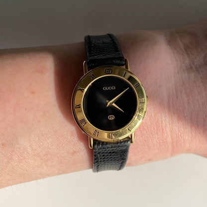 Gucci 1990s Black Dial Gold Plated Watch