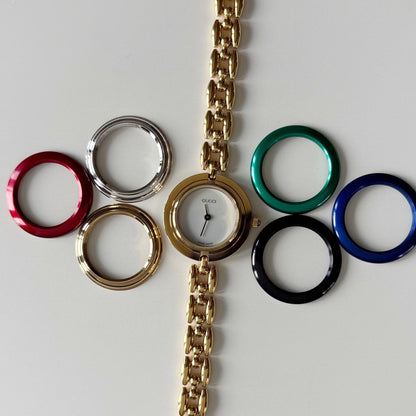 Gucci 1990s Interchangeable Bezel Gold Plated Rice Chain Watch with case, 6 bezels (160mm)