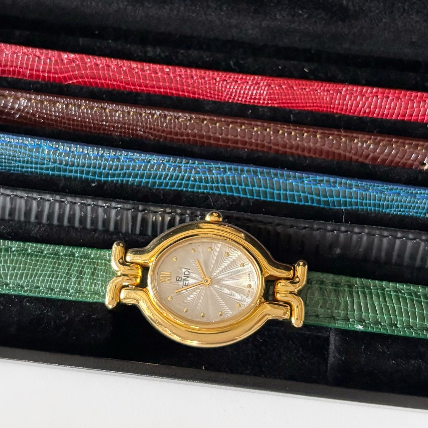 Fendi 1990s Interchangeable Belt Watch with 5 belts, case