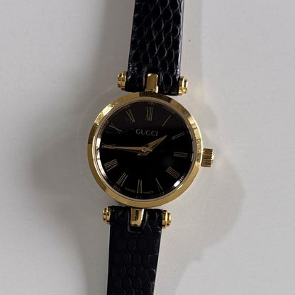 Gucci 1990s Black Round Dial Gold Plated Watch
