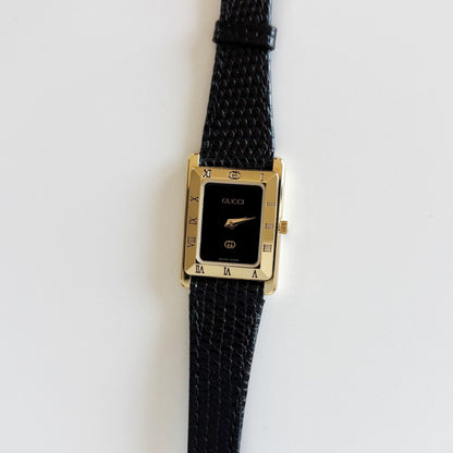 Gucci 1980s Black Dial Tank Gold Plated Watch