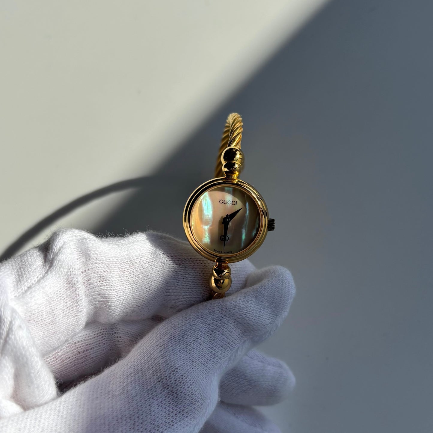 Gucci 1990s Seashell Dial Gold Plated Cable Bangle Watch