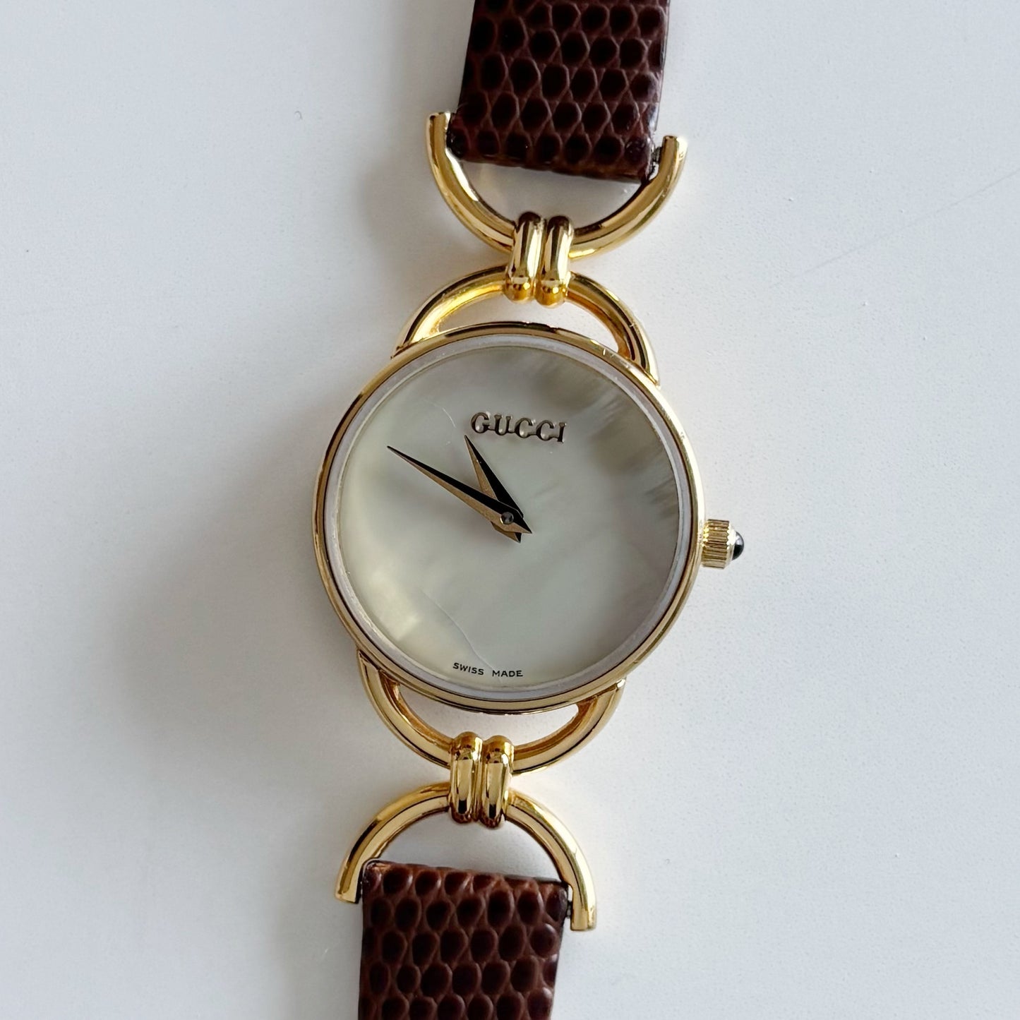 Gucci 1990s Seashell Dial Gold Plated Horsebit Watch