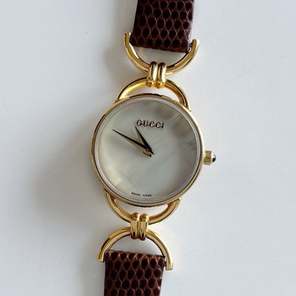 Gucci 1990s Seashell Dial Gold Plated Horsebit Watch