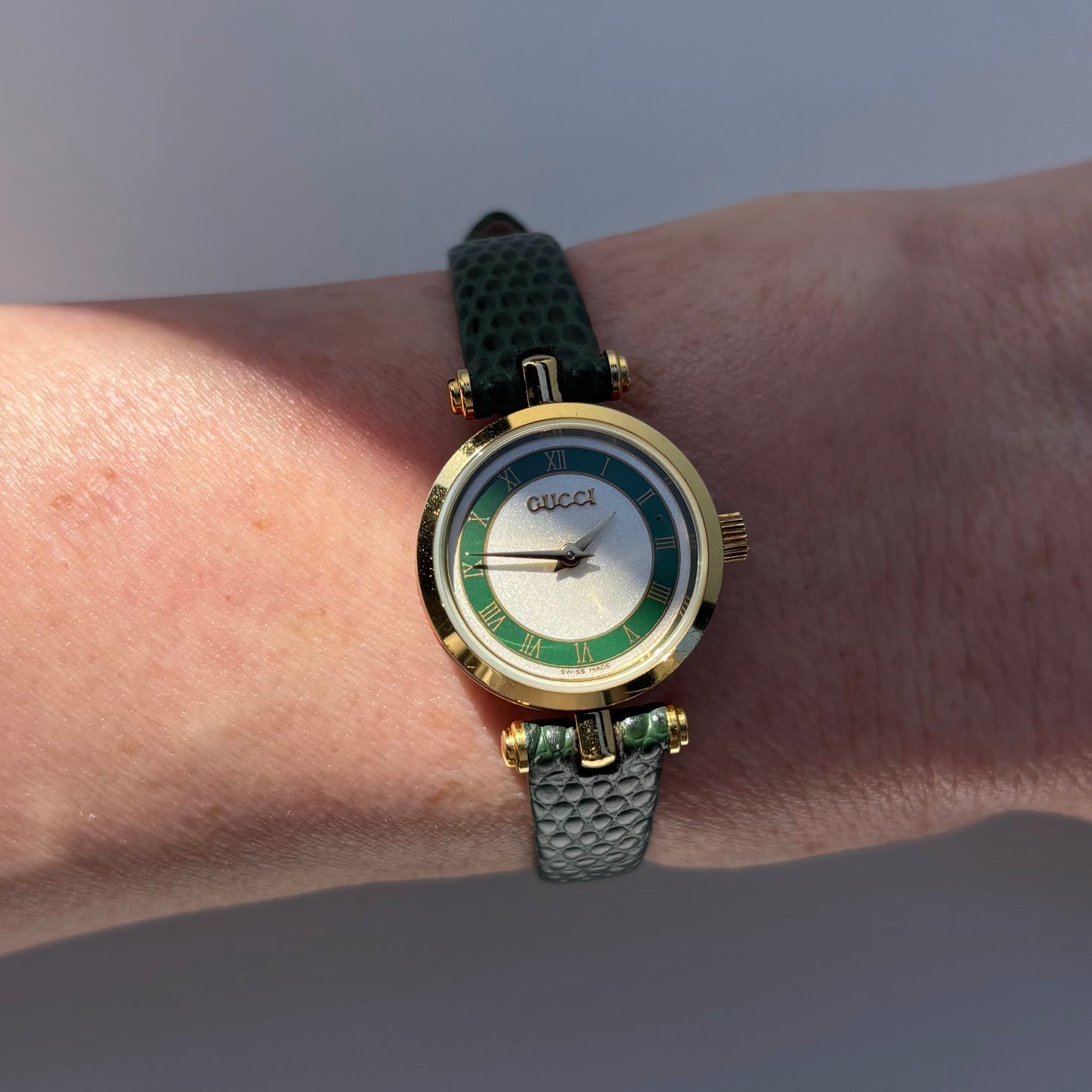 Gucci 1990s Round Dial Green Gold Plated Watch