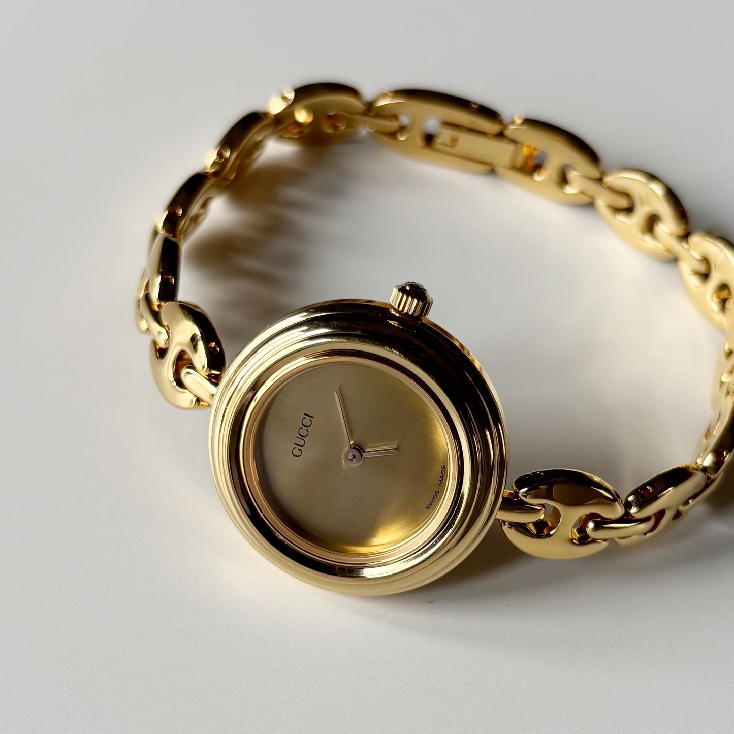 Gucci 1990s Interchangeable Bezel Gold Plated Rice Chain Watch with 6 bezels, case (170mm)