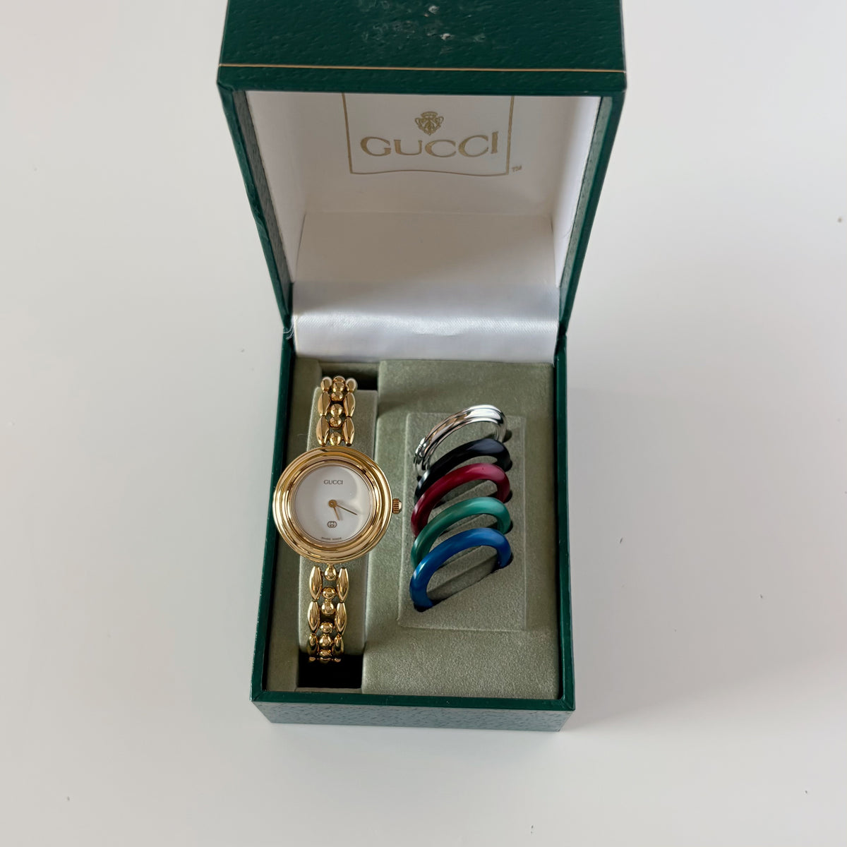 Gucci 1990s Interchangeable Bezel Gold Plated Rice Chain Watch with 6 bezels, case (160mm)