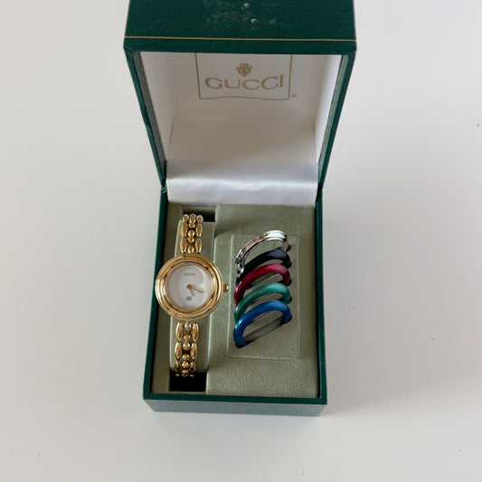 Gucci 1990s Interchangeable Bezel Gold Plated Rice Chain Watch with 6 bezels, case (160mm) (8/30)