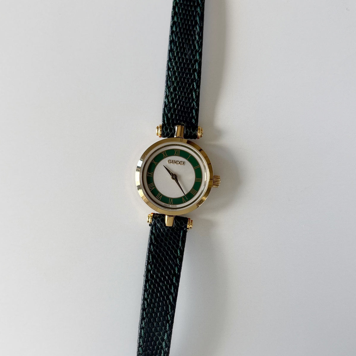 Gucci 1990s Round Dial Cherry Green Gold-Plated Watch
