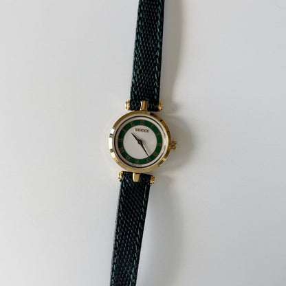 Gucci 1990s Round Dial Cherry Green Gold-Plated Watch