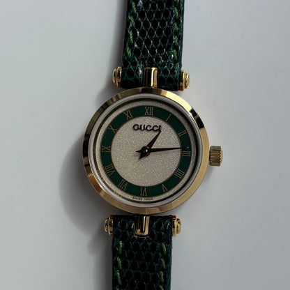 Gucci 1990s Round Dial Green Gold Plated Watch
