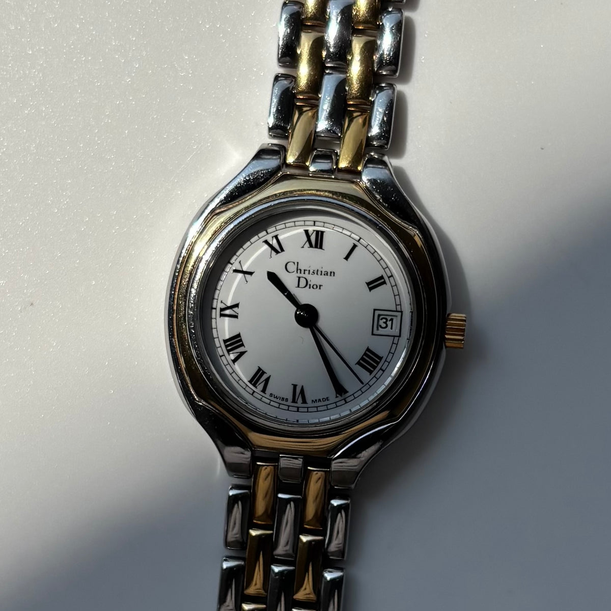 Dior 1990s Date Round Dial Gold Plated Two Tone Watch