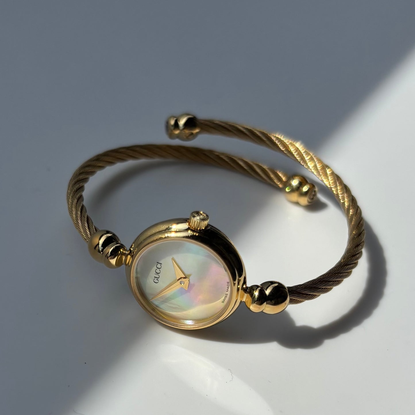 Gucci 1990s Seashell Dial Gold Plated Cable Bangle Watch