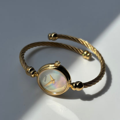 Gucci 1990s Seashell Dial Gold Plated Cable Bangle Watch
