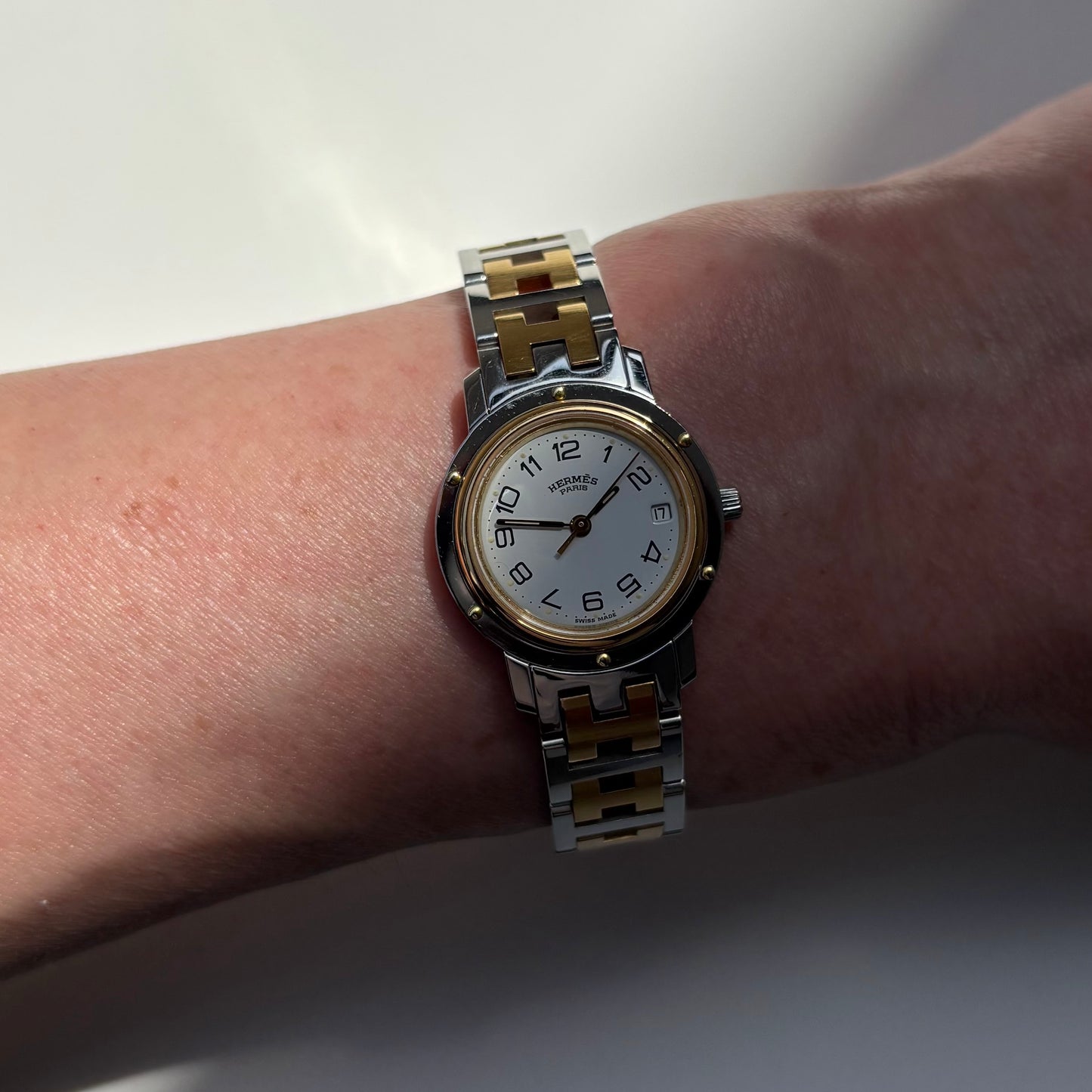 Hermes Early 2000s Clipper White Round Dial Two Tone Watch