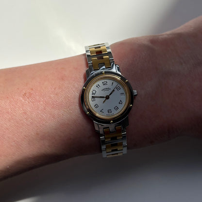 Hermes Early 2000s Clipper White Round Dial Two Tone Watch