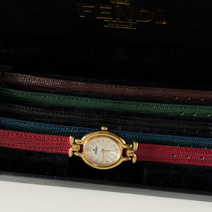 Fendi 1990s Interchangeable Strap Gold Plated Watch with 5 straps, case