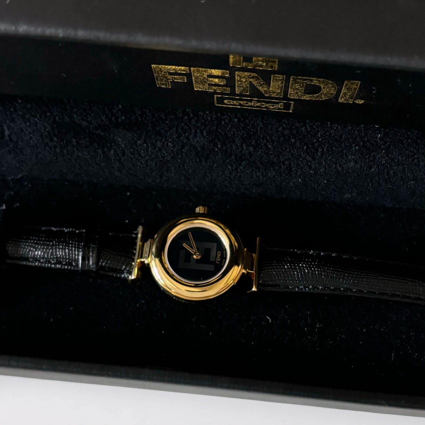 Fendi 1990s Black Dial Gold Plated Round Leather Watch