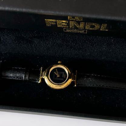 Fendi 1990s Black Dial Gold Plated Round Leather Watch