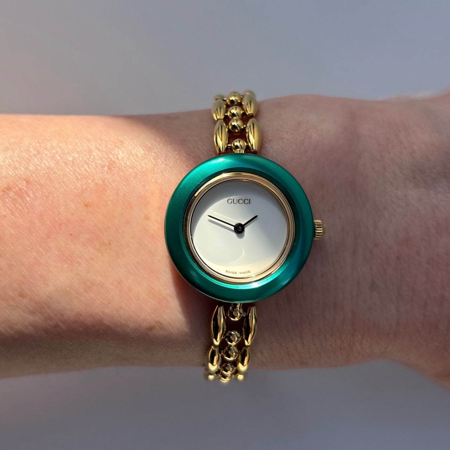 Gucci 1990s Interchangeable Bezel Gold Plated Rice Chain Watch with 6 bezels, case (160mm)