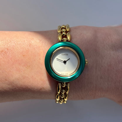 Gucci 1990s Interchangeable Bezel Gold Plated Rice Chain Watch with 6 bezels, case (160mm)