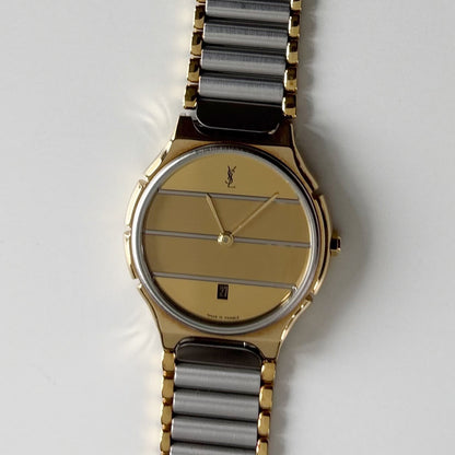 Yves Saint Laurent 1990s Round Dial Two Tone Gold Plated Watch (Large)