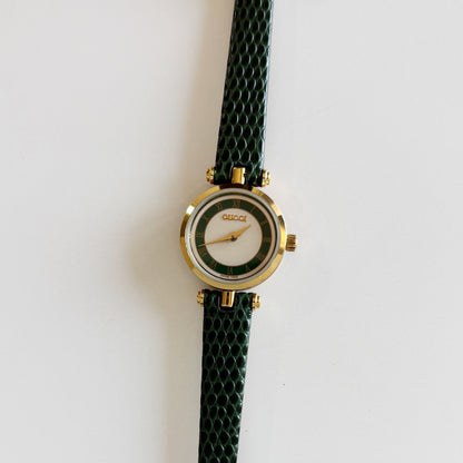 Gucci 1990s Round Dial Green Gold Plated Watch
