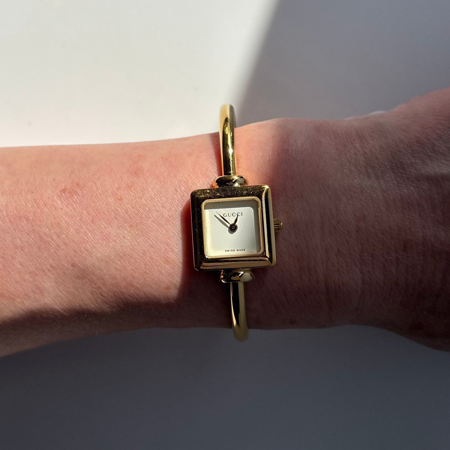 Gucci 1990s Square Dial Gold Plated Bangle Watch