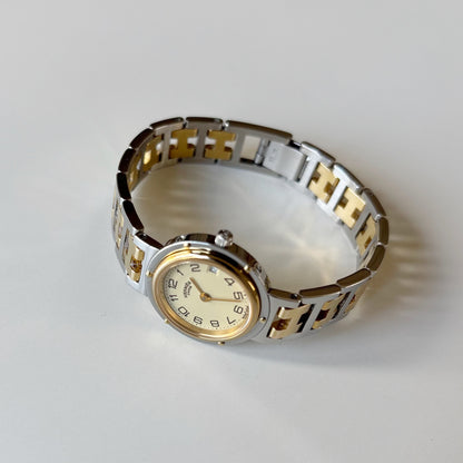 Hermes 1990s Cream Round Dial Gold Plated Two Tone Watch