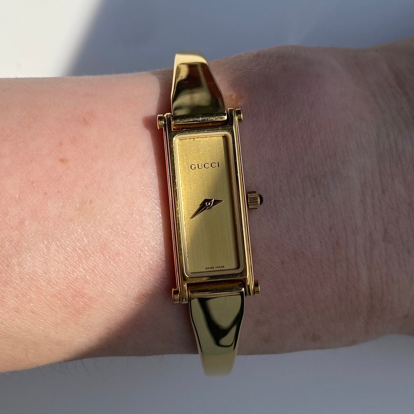 Gucci 1990s Gold Dial Gold Plated Bangle Watch (Small)