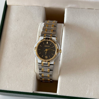 Gucci 1990s Black Dial Date Two Tone Watch