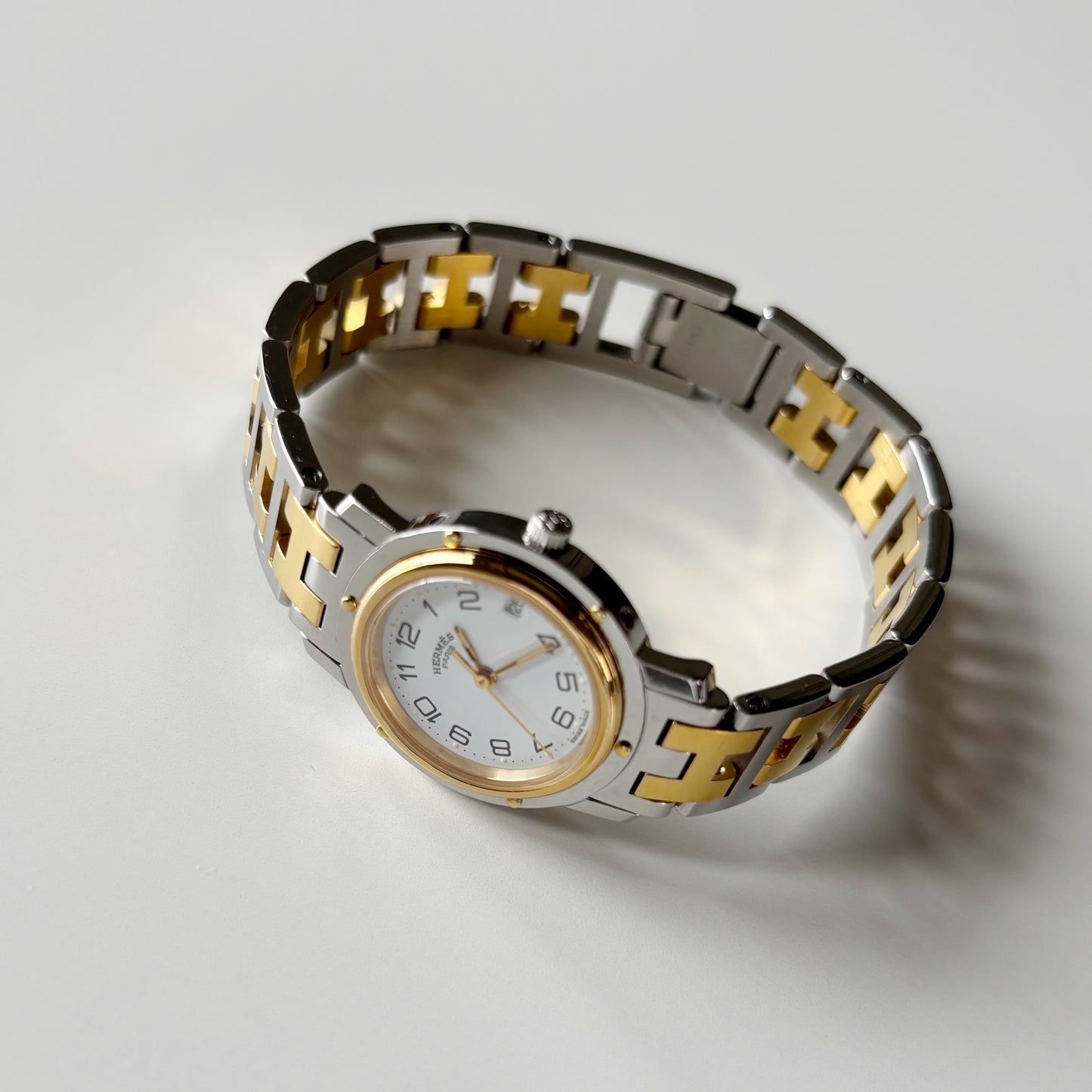 Hermes 1990s Clipper Date Round Dial Two Tone Gold Plated Watch