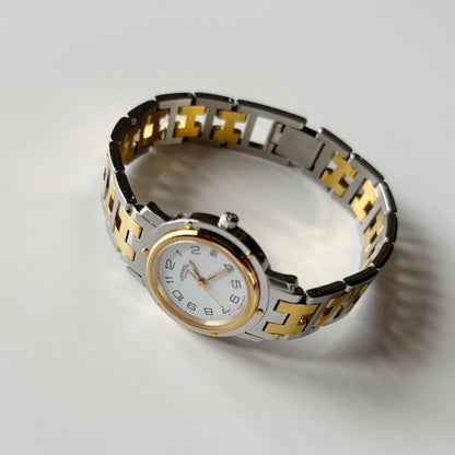 Hermes 1990s Clipper Date Round Dial Two Tone Gold Plated Watch