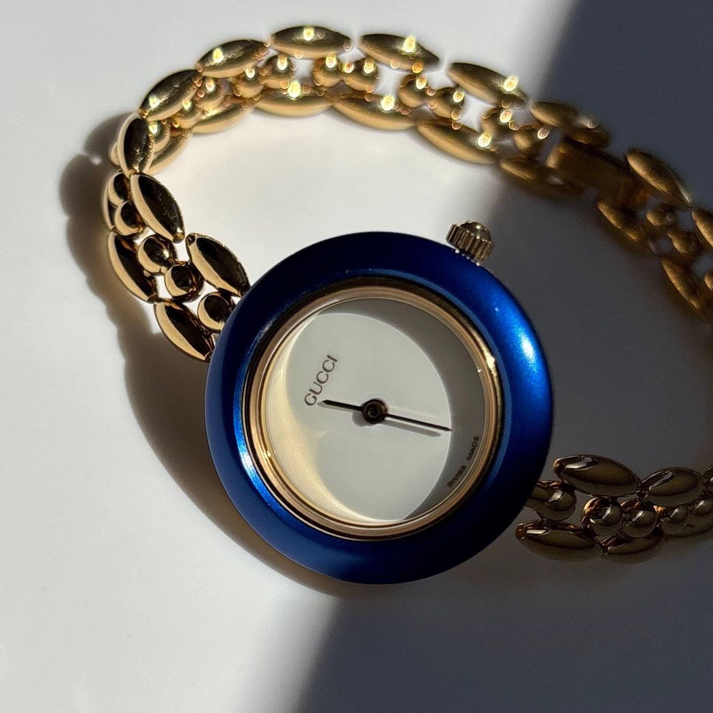 Gucci 1990s Interchangeable Bezel Gold Plated Rice Chain Watch with 6 bezels, case (165mm)