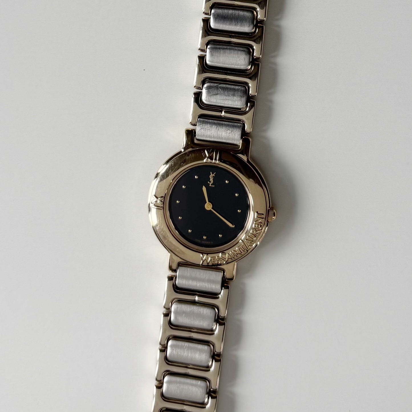 Yves Saint Laurent 1990s Black Round Dial Two Tone Watch
