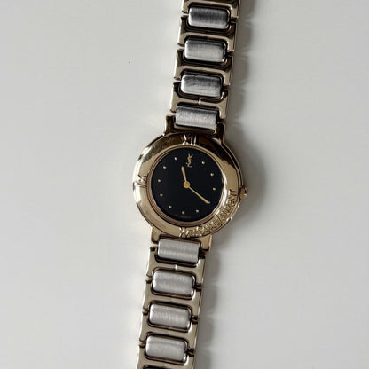 Yves Saint Laurent 1990s Black Round Dial Two Tone Watch
