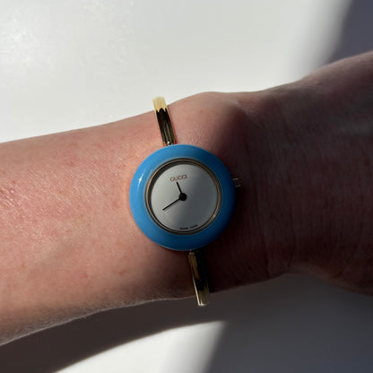 Gucci 1990s Interchangeable Bezel Gold Plated Bangle Watch with 12 bezels, case (Small)