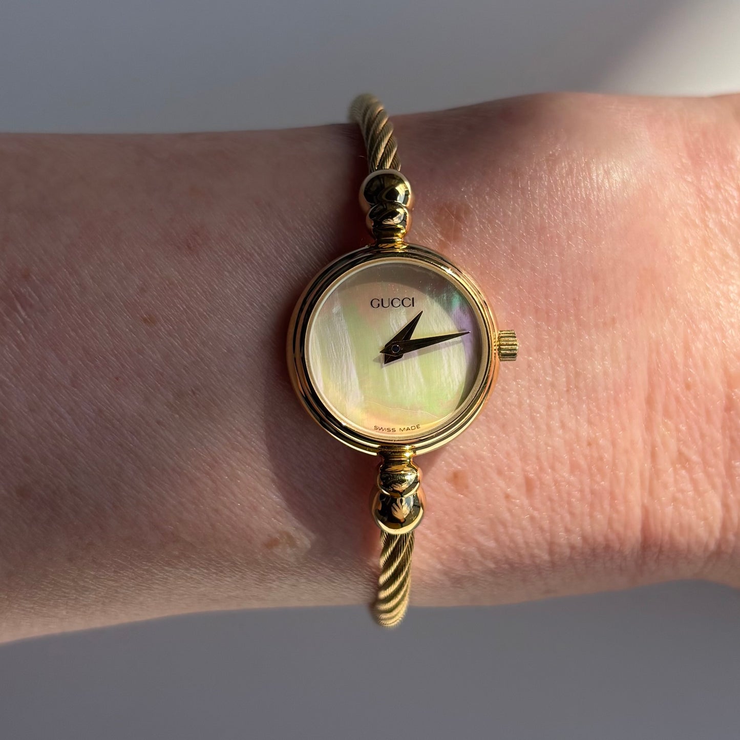 Gucci 1990s Seashell Dial Gold Plated Cable Bangle Watch