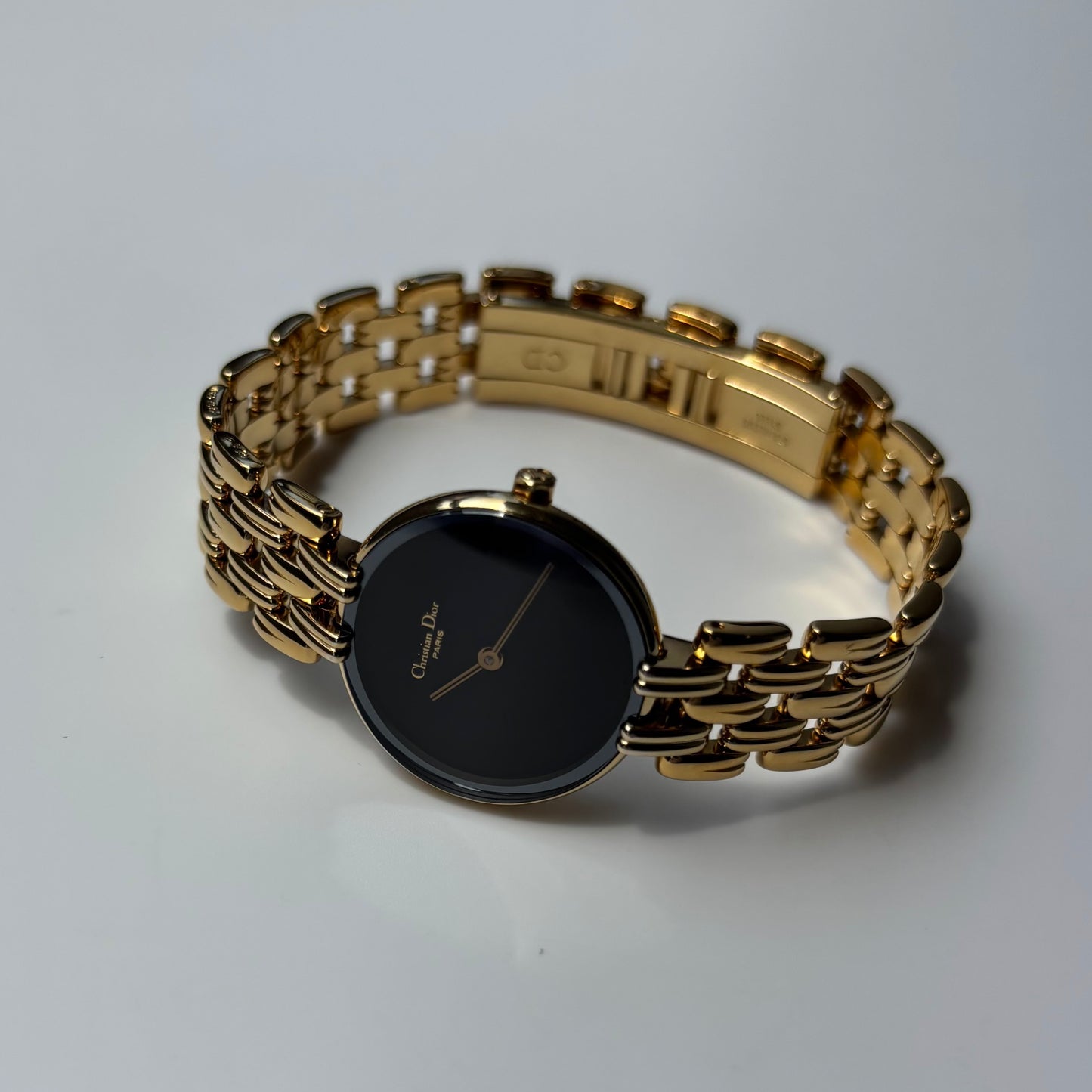 Dior 1990s Bagheera Black Dial Gold Plated Round Watch
