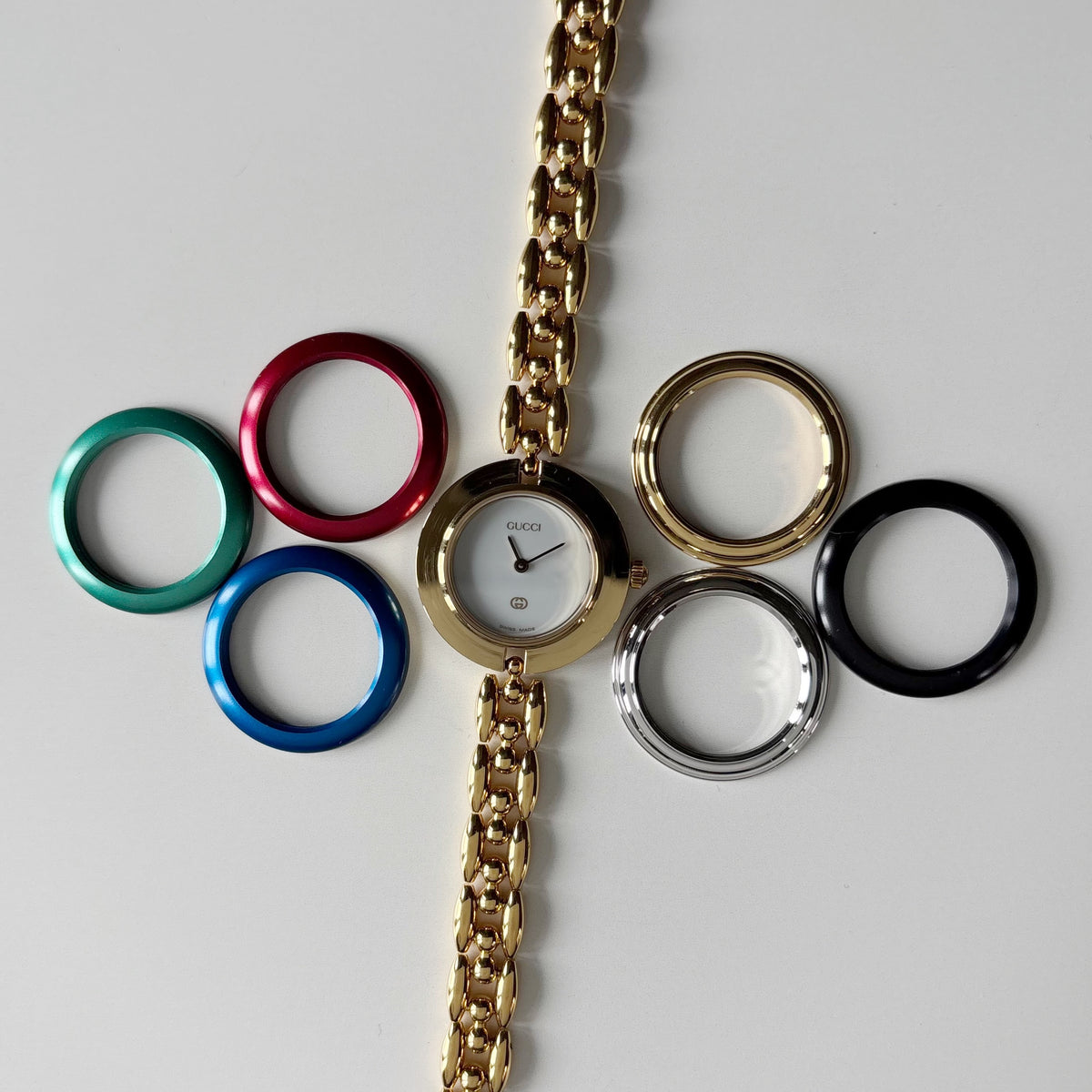 Gucci 1990s Interchangeable Bezel Gold Plated Rice Chain Watch with 6 bezels, case (160mm)