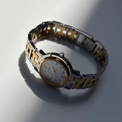 Hermes Early 2000s Clipper White Round Dial Two Tone Watch